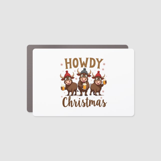Howdy Christmas Funny Highland Cow Xmas Cows Lover Car Magnet (Front)