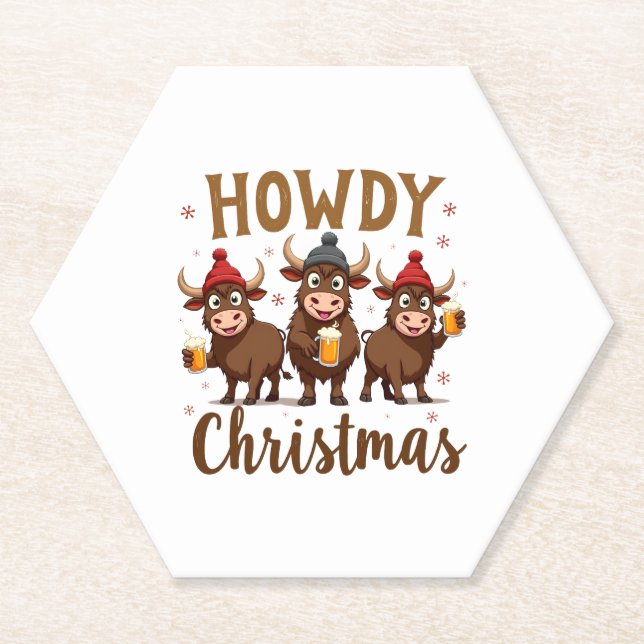 Howdy Christmas Funny Highland Cow Xmas Cows Lover Paper Coaster (Front)