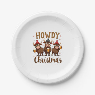 Howdy Christmas Funny Highland Cow Xmas Cows Lover Paper Plates