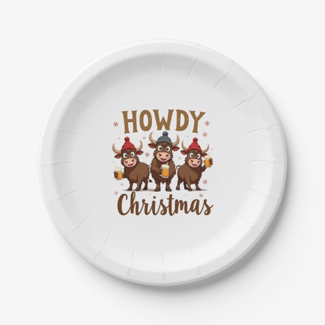 Howdy Christmas Funny Highland Cow Xmas Cows Lover Paper Plates (Front)