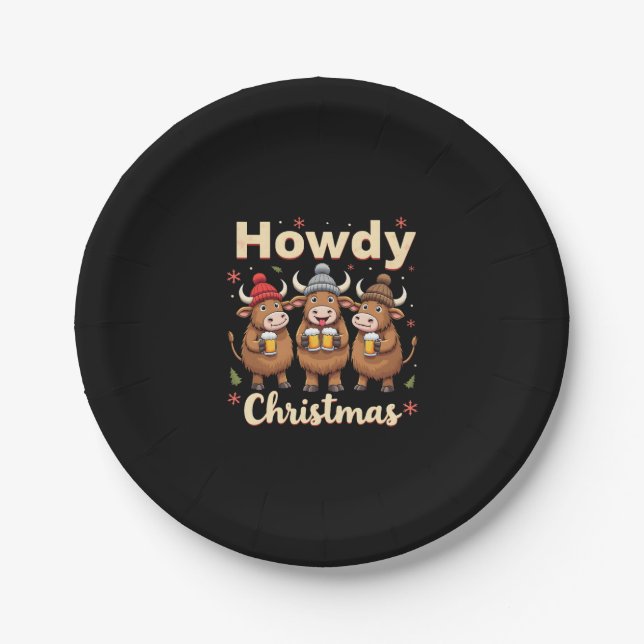 Howdy Christmas Funny Highland Cow Xmas Cows Lover Paper Plates (Front)