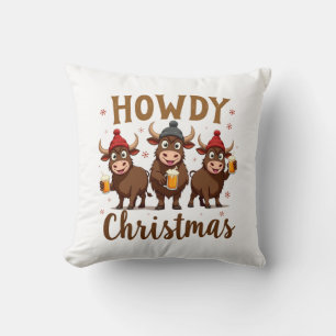 Howdy Christmas Funny Highland Cow Xmas Cows Lover Throw Pillow
