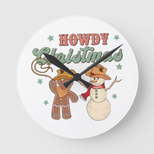 Howdy Christmas Groovy Cowboy Snowman Wester Funny Round Clock