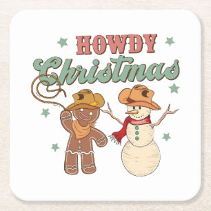 Howdy Christmas Groovy Cowboy Snowman Wester Funny Square Paper Coaster