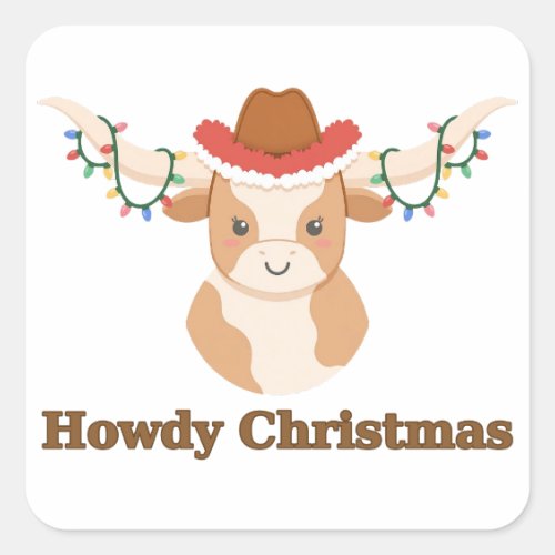 Howdy Christmas Longhorn Cow Lights Sticker