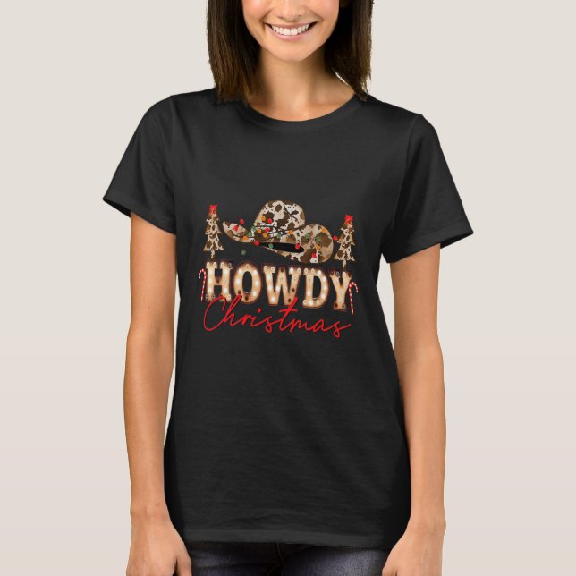 Howdy Christmas Santa Cute Leopard Western Cowgirl T-Shirt (Front)