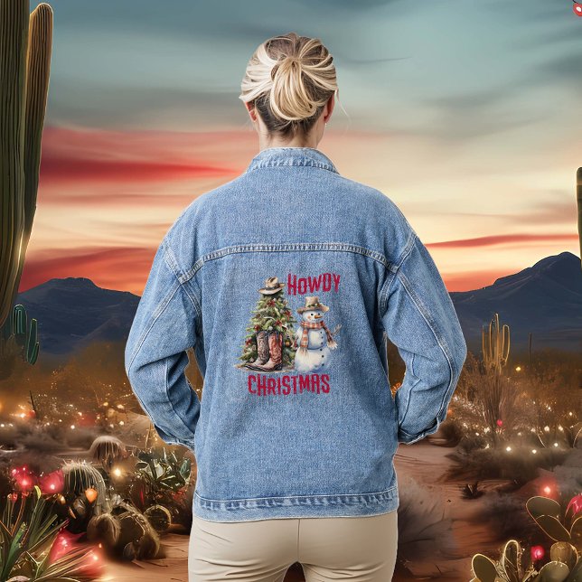 Howdy Christmas Western Cowboy Snowman Denim Jacket (Creator Uploaded)