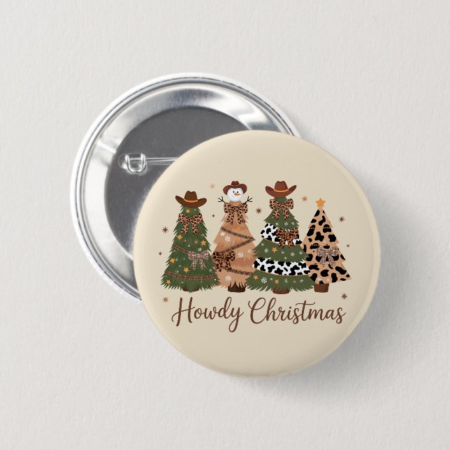 Howdy Christmas Western Retro Tree Cowboy Cowgirl  Button (Front & Back)