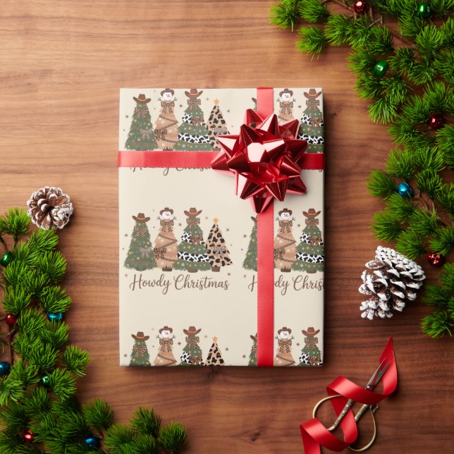 Howdy Christmas Western Retro Tree Cowboy Cowgirl  Wrapping Paper (Holiday Gift)