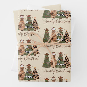 Howdy Christmas Western Retro Tree Cowboy Cowgirl  Wrapping Paper Sheets