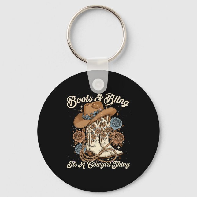 Howdy Country Rodeo Boots &amp; Bling Its A Cowgir Keychain (Front)
