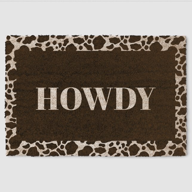 Howdy Cow Pattern Western Cowboy Welcome Coir Mat (Front)