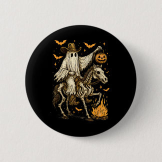Howdy Cowboy Ghost Pumpkin Riding Skeleton Horse H Button