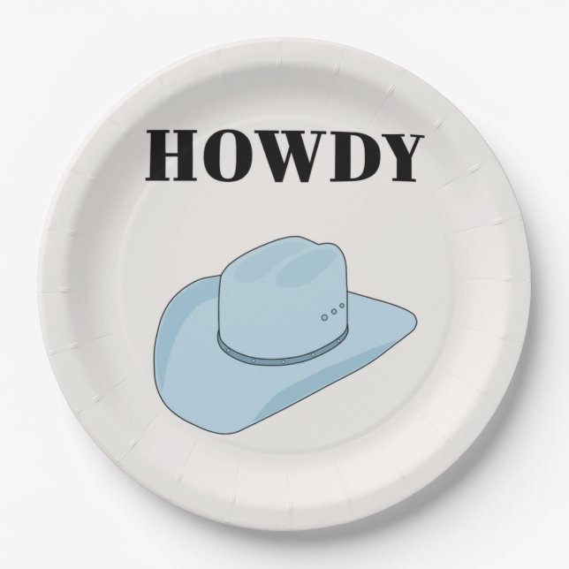 Howdy Cowboy Hat Baby Blue Paper Plates (Front)