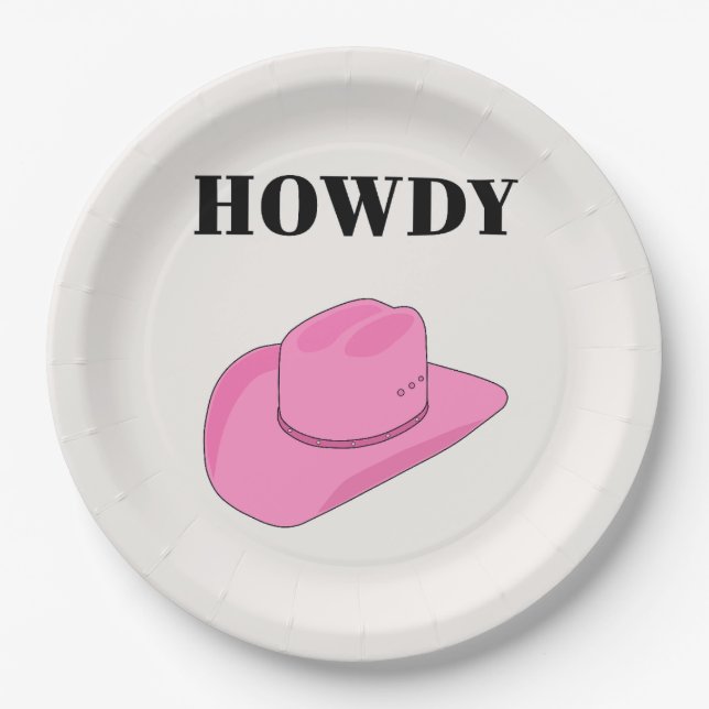 Howdy Cowboy Hat Pink Paper Plates (Front)