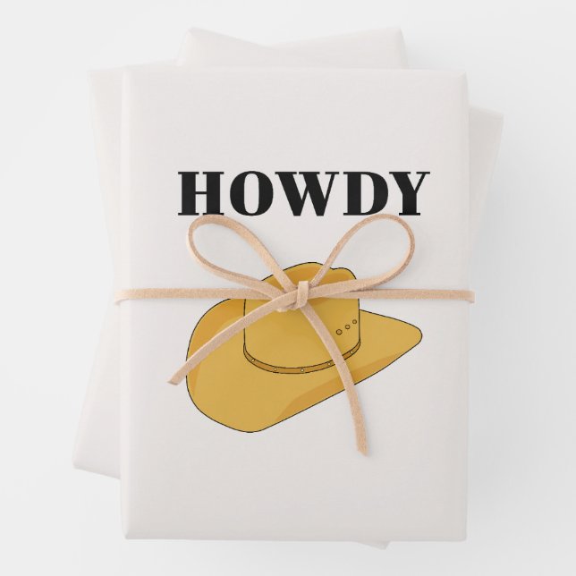 Howdy Cowboy Hat Yellow Wrapping Paper Sheets (In situ)