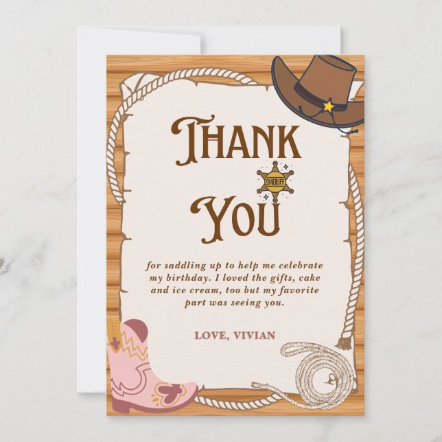Howdy! Cowgirl Saddle Up Birthday Thank You Card (Front)