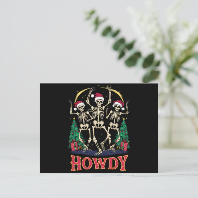 Howdy Dancing Skeleton Funny Christmas Holiday Postcard (Standing Front)