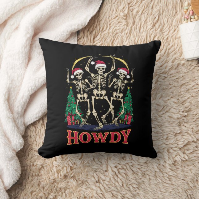 Howdy Dancing Skeleton Funny Christmas Holiday Throw Pillow (Blanket)