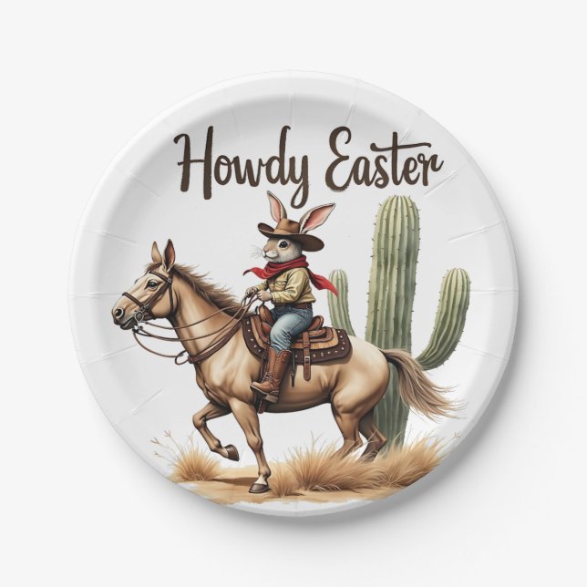 Howdy Easter Bunny Riding a Horse Cowboy  Paper Plates (Front)