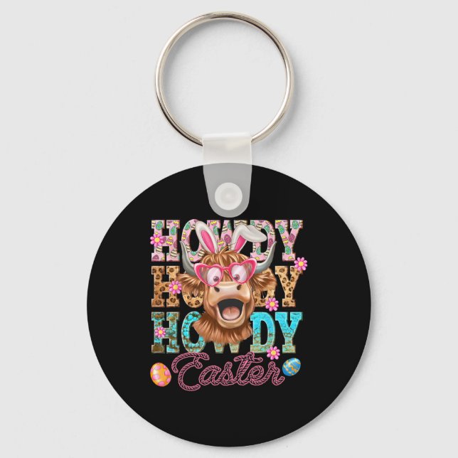 Howdy Easter Cute Cow Easter Western Easter Bunny  Keychain (Front)