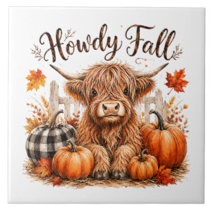 Howdy Fall Highland Cow Happy Thanksgiving Autumn Ceramic Tile