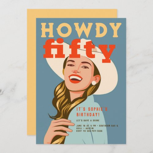 Howdy Fifty Western Retro Chic Blue 50th Birthday Invitation