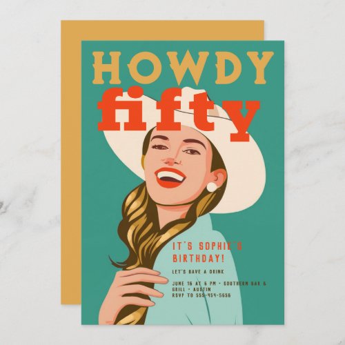 Howdy Fifty Western Retro Chic Green 50th Birthday Invitation