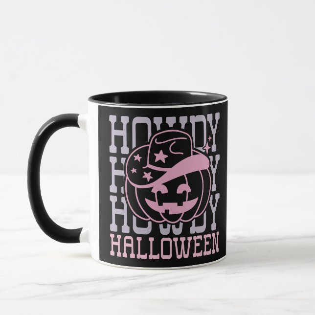 Howdy Halloween Pumpkin Cowboy Hat Black Halloween Mug (Left)