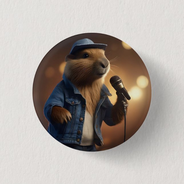 "Howdy Harmonics: The Denim-Clad Capybara Crooner" Button (Front)