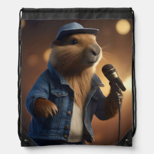 "Howdy Harmonics: The Denim-Clad Capybara Crooner" Drawstring Bag