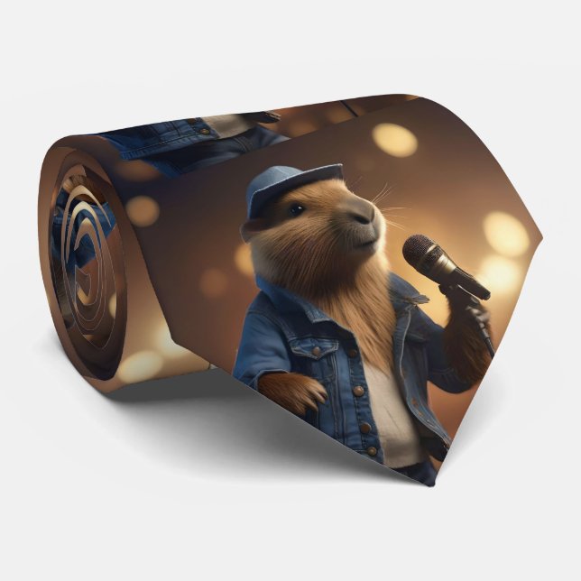 "Howdy Harmonics: The Denim-Clad Capybara Crooner" Neck Tie (Rolled)