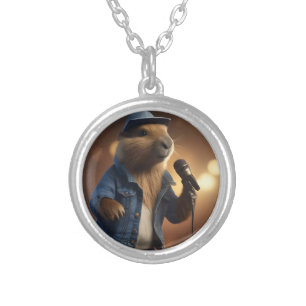 "Howdy Harmonics: The Denim-Clad Capybara Crooner" Silver Plated Necklace