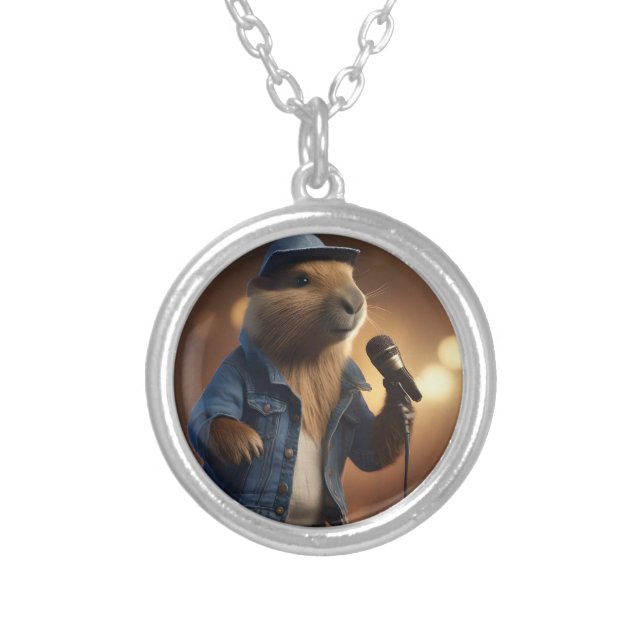 "Howdy Harmonics: The Denim-Clad Capybara Crooner" Silver Plated Necklace (Front)