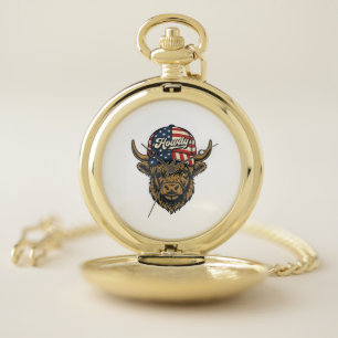 Howdy Highland Cow Patriotic Vintage Western Desig Pocket Watch