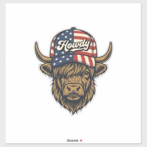 Howdy Highland Cow Patriotic Vintage Western Desig Sticker