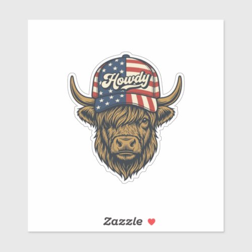 Howdy Highland Cow Patriotic Vintage Western Desig Sticker