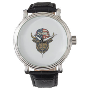 Howdy Highland Cow Patriotic Vintage Western Desig Watch