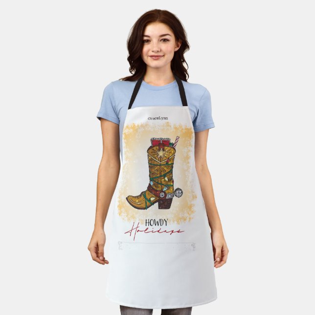 Howdy Holidays Christmas Lights Cowboy Boot Apron (Worn)