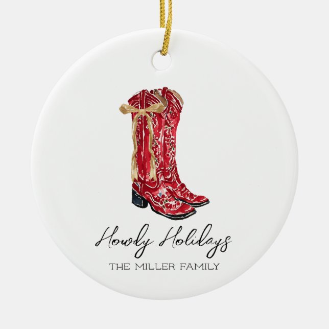 Howdy Holidays Cowgirl Ceramic Ornament (Front)