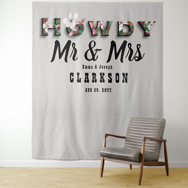 Howdy Mr and Mrs Rustic Floral Linen Wall Backdrop (In Situ)