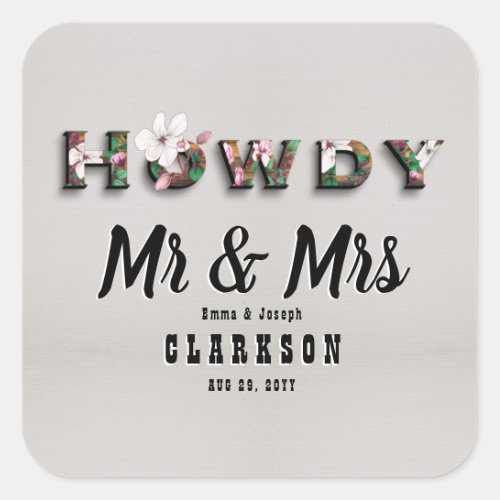 Howdy Mr and Mrs Rustic Linen Floral  Square Sticker