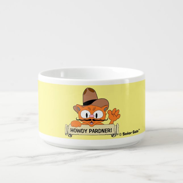 "HOWDY PARDNER!" Cartoon Cowboy Mustache Cat Chili Bowl (Center)