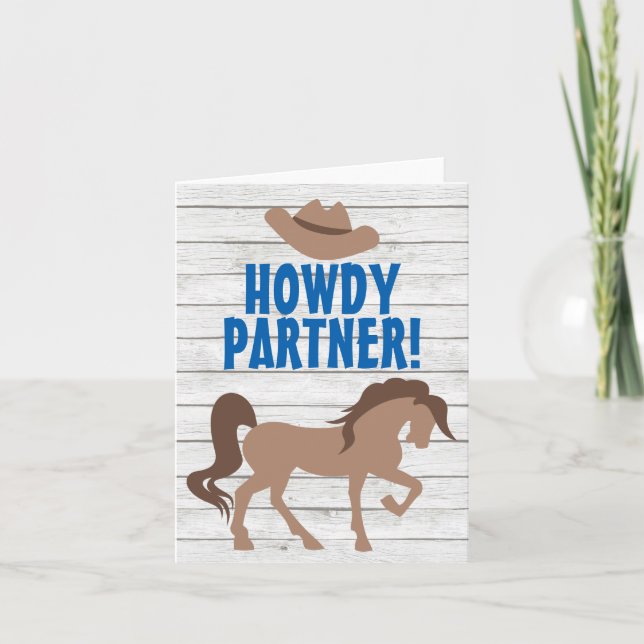 Howdy Partner Brown Horse and Cowboy Hat Western Card (Front)