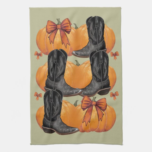 Howdy Pumpkin Western Fall Coquette Bow Cowgirl Kitchen Towel (Vertical)