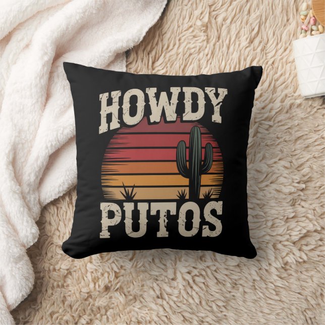 Howdy Putos Funny Cactus Retro Vintage Throw Pillow (Blanket)