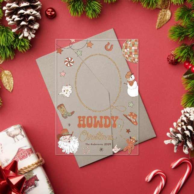 Howdy Retro Western Family Photo Christmas Card Acrylic Invitations (Insitu (Holiday))