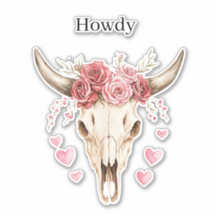 Howdy Skull Pink Roses Hearts Sticker