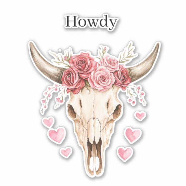 Howdy Skull Pink Roses Hearts Sticker (Front)