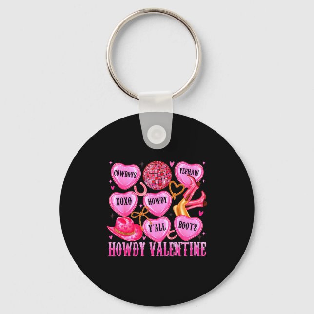 Howdy Valentine Western Cowgirl Hearts Candy Women Keychain (Front)